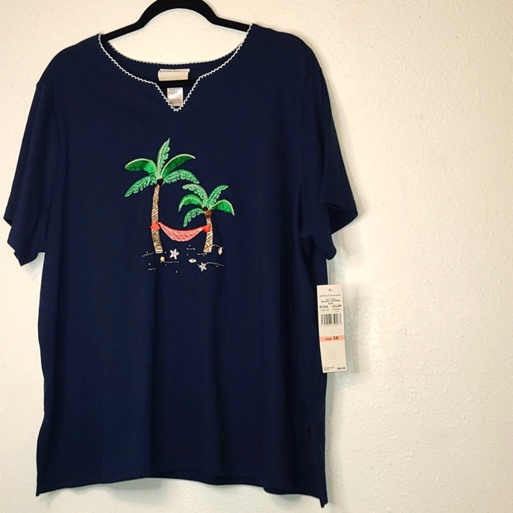 Alfred Dunner Woman Island Hopping Embroidered Design Pullover, Top Size 2X Navy